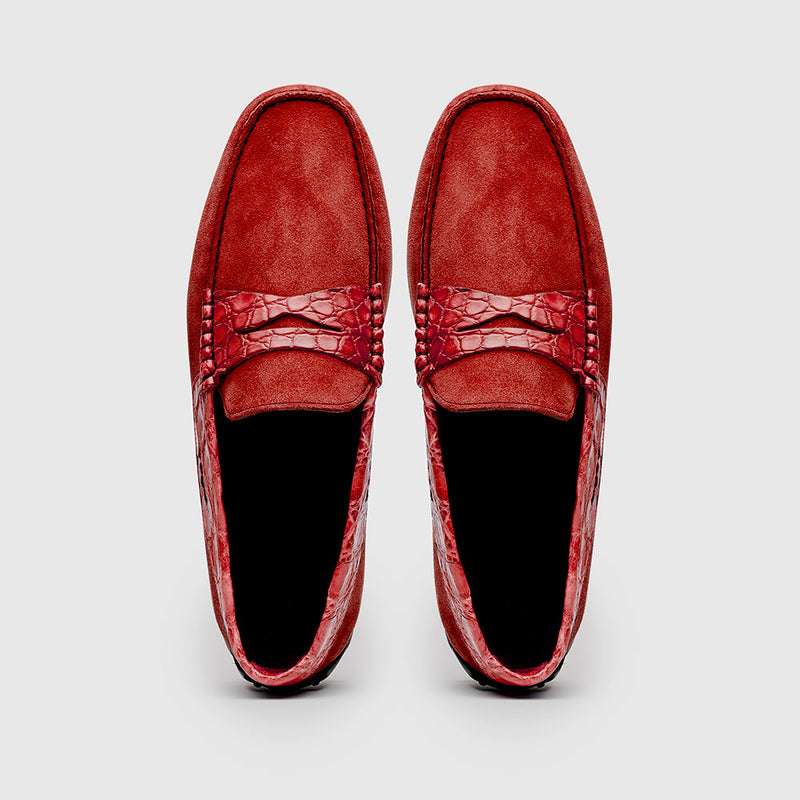 31-160-RED MONZA Sueded Calfskin with Crocodile Driver, Red