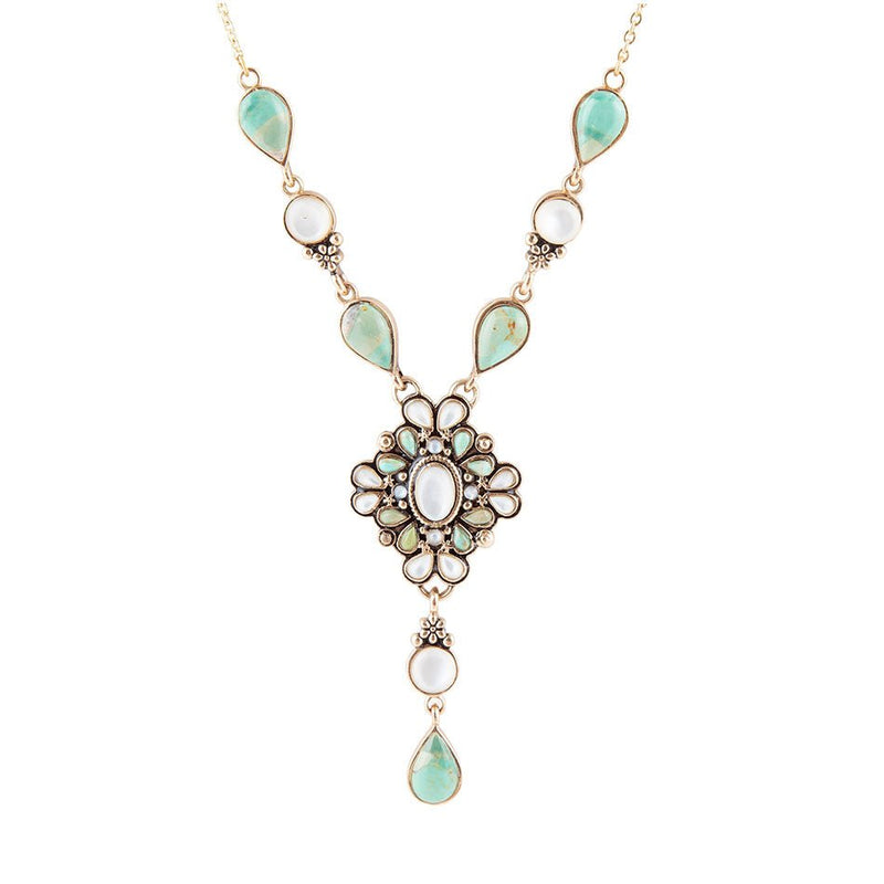 White Mother of Pearl and Blue Turquoise Golden Barcelona Y-Necklace