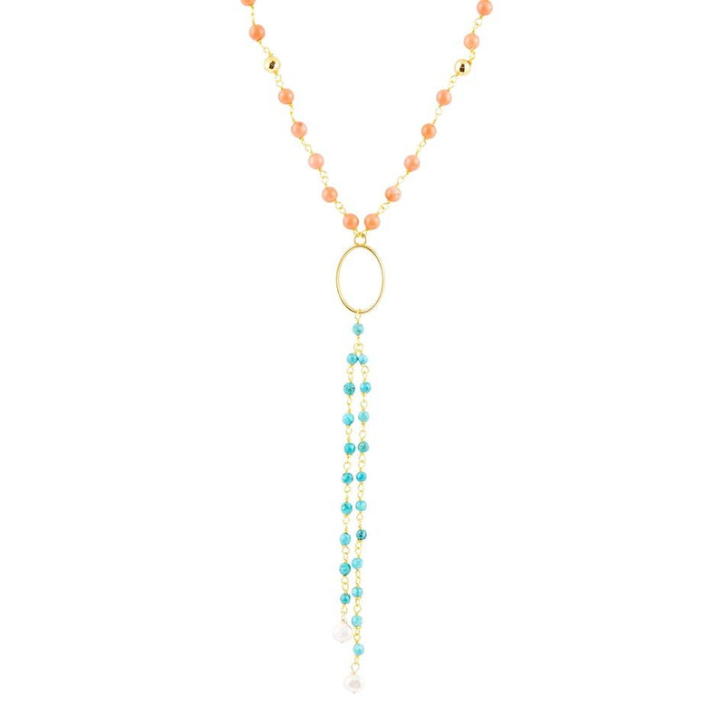 Multi Stone Orange Coral Golden Y-Neck