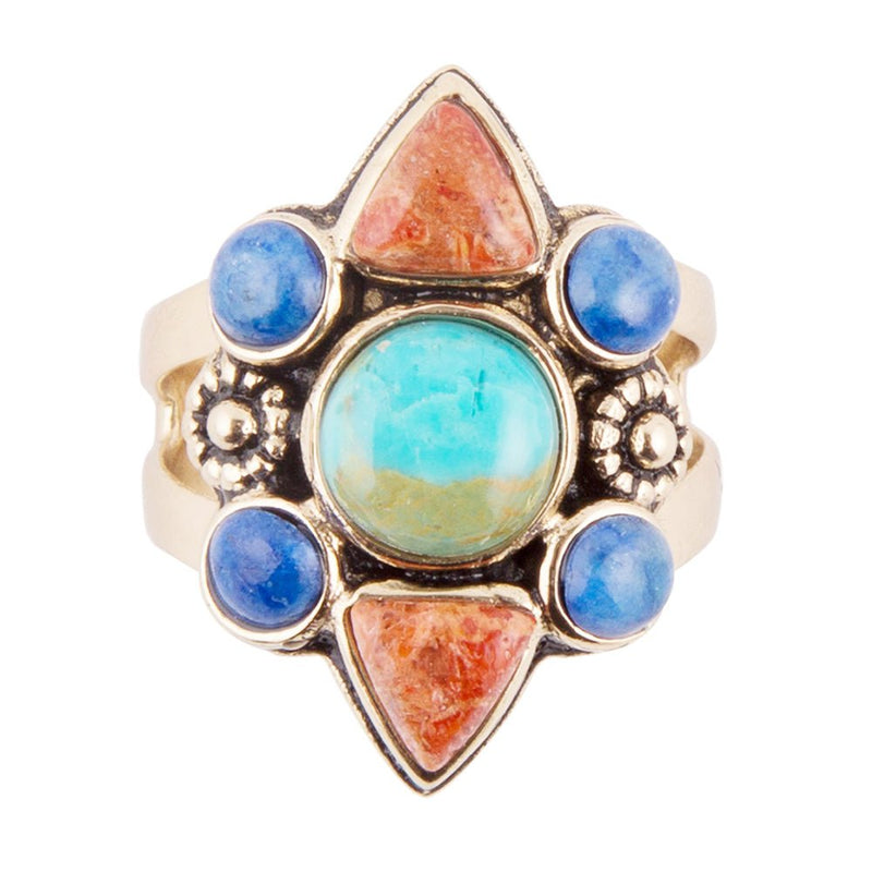 Blue Turquoise and Colorful Multi-Stone Golden Statement Ring