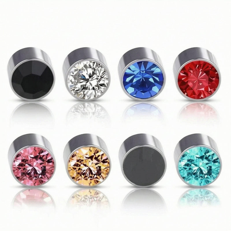 Multicolor Stainless Steel Magnetic Round Stud Earrings for Men Women, 6mm Round CZ Inlaid Magnetic Earrings Non-Piercing Clip On Stud Earring
