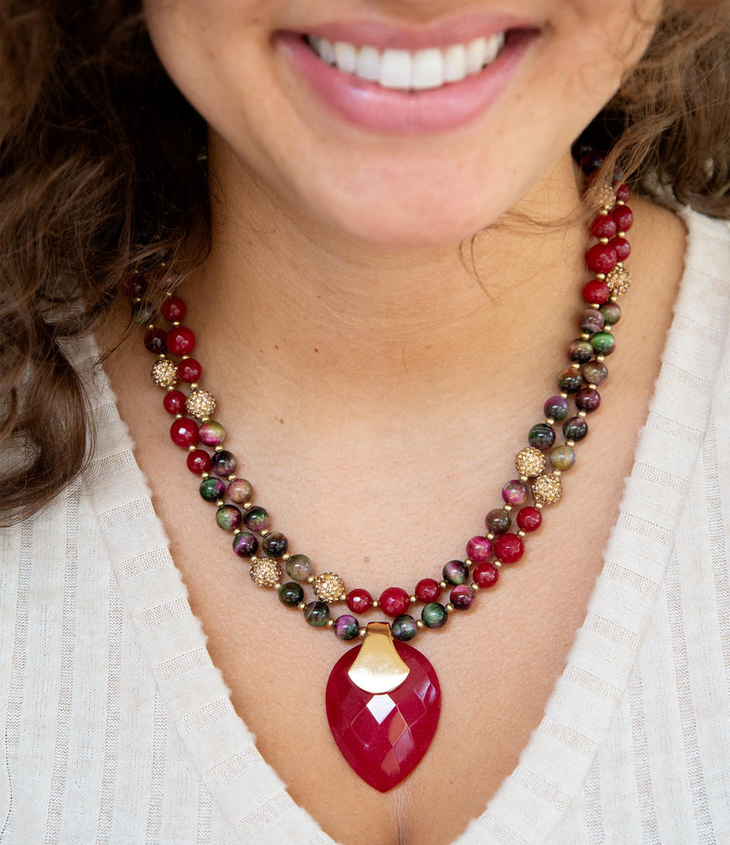 Jeweled Multi-Color Tiger's Eye and Rasberry Quartz Pendant Golden Necklace