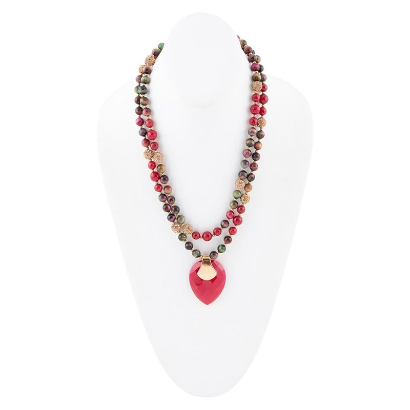 Jeweled Multi-Color Tiger's Eye and Rasberry Quartz Pendant Golden Necklace