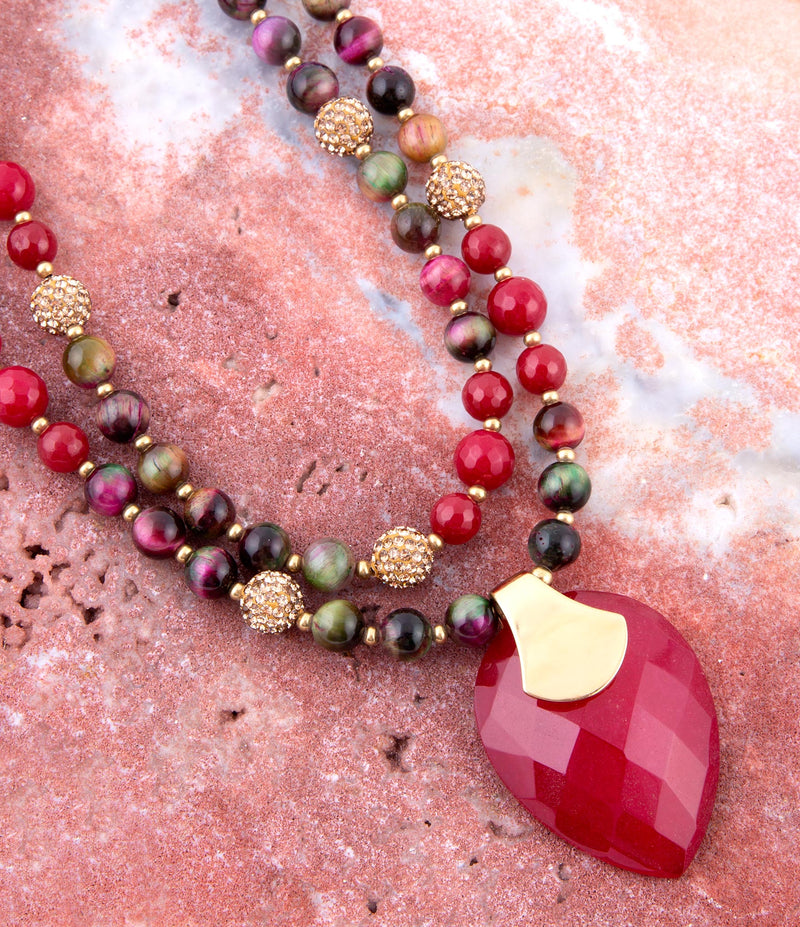 Jeweled Multi-Color Tiger's Eye and Rasberry Quartz Pendant Golden Necklace