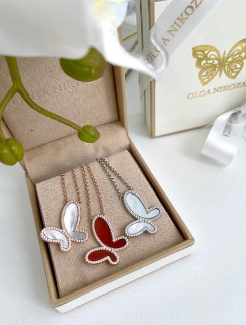 Mother of Pearl w/ 18k Gold & Cubic Zirconia Butterfly Necklace Jewelry