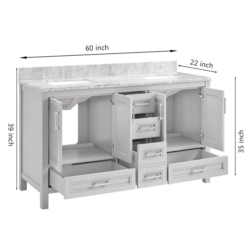 Nuvia Premium 60-Inch Freestanding Double Sink Bathroom Vanity With Carrara Marble Top (SAK51829)