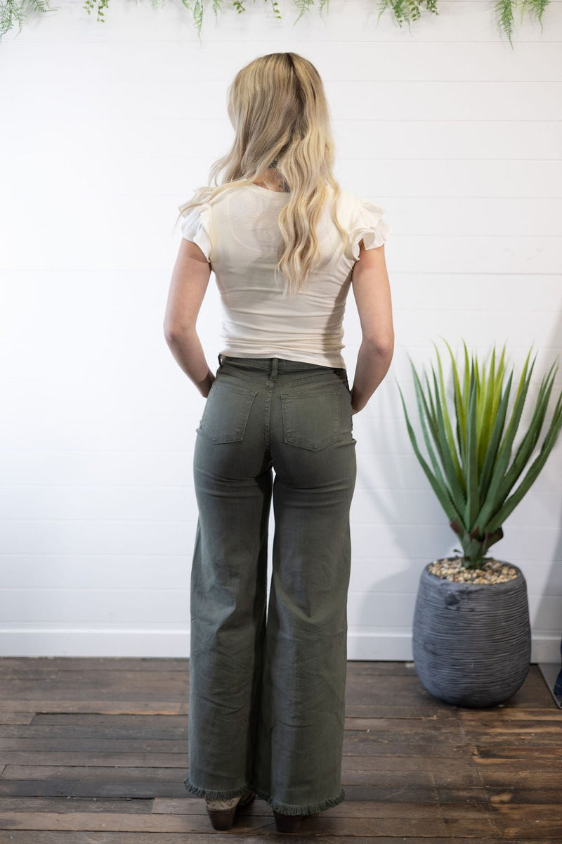O2 Front Seam Wide Leg Denim Jeans - Olive
