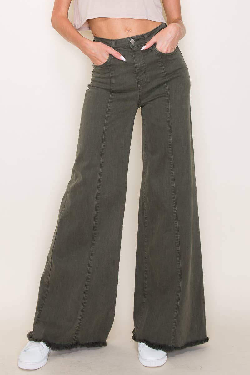 O2 Front Seam Wide Leg Denim Jeans - Olive