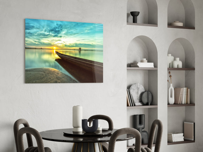 Kayak on the Beach and Sunset Glass Wall Art