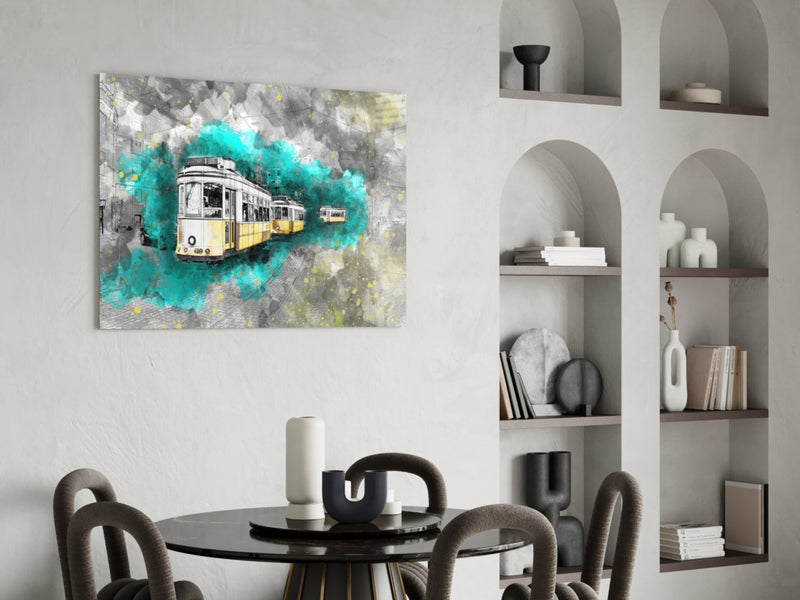 Illustration Tram Glass Wall Art