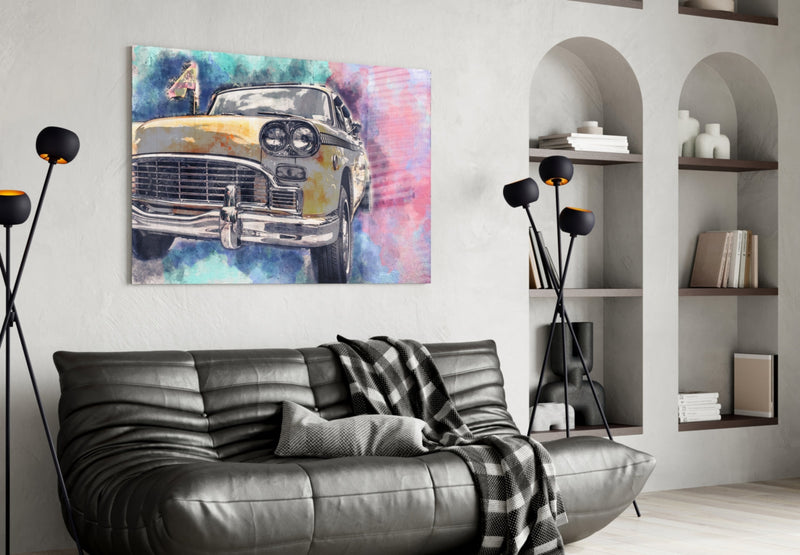 Illustration Taxi Glass Wall Art