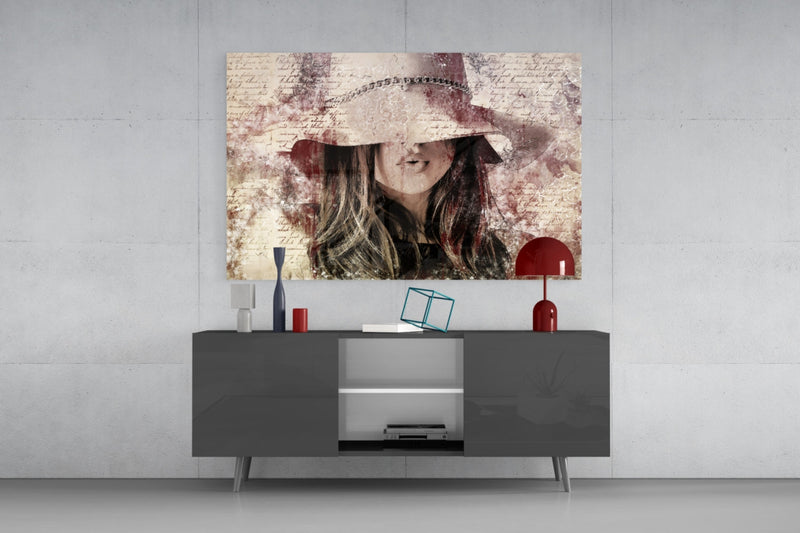 Girl in Retro Hat Glass Wall Art