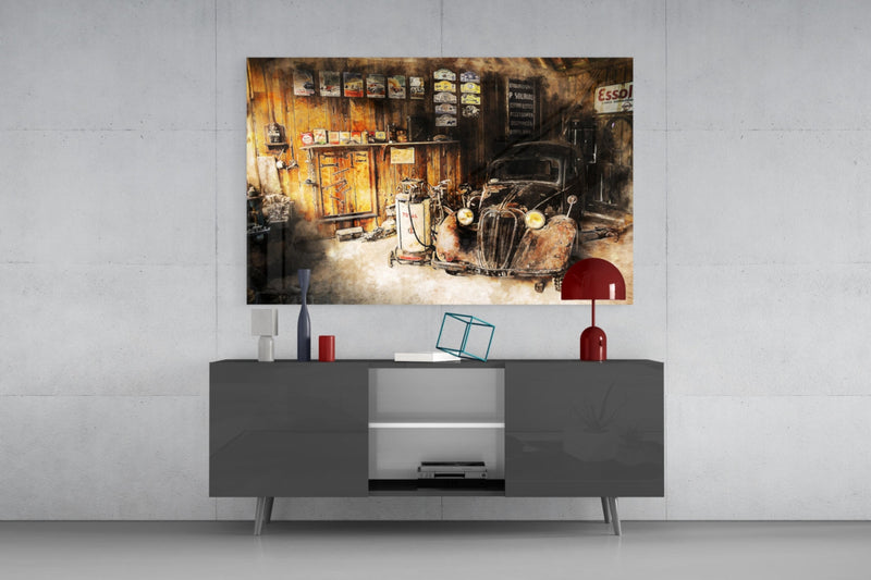 Retro Old Garage Glass Wall Art