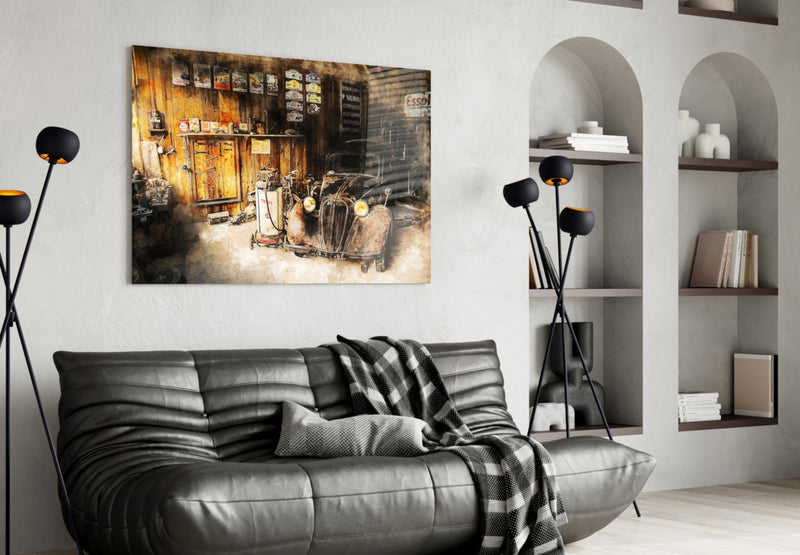 Retro Old Garage Glass Wall Art