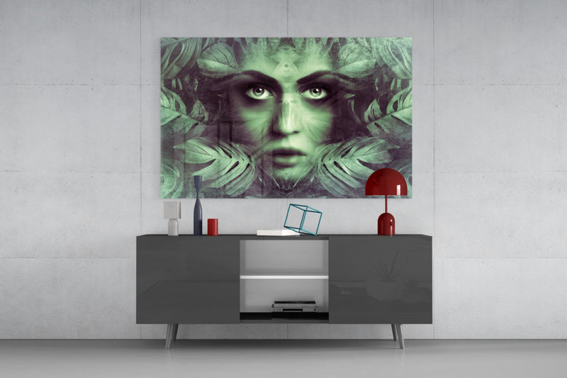Tropical Leaf and Woman Portrait Glass Wall Art
