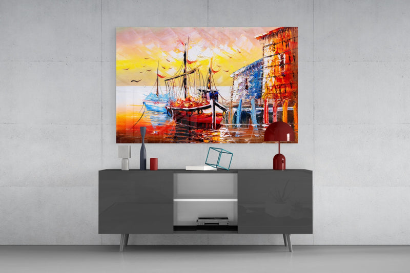 Illustration Ships Glass Wall Art