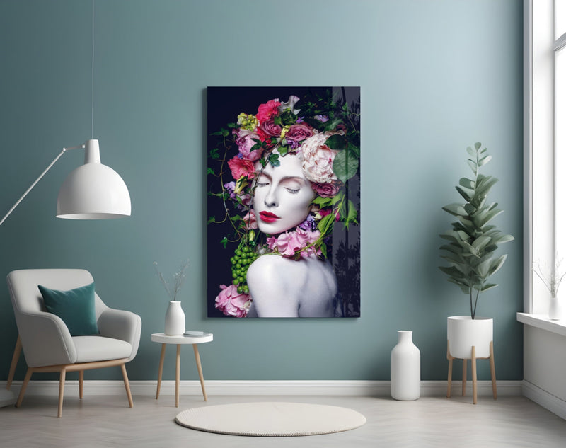 Flower and Woman Glass Wall Art