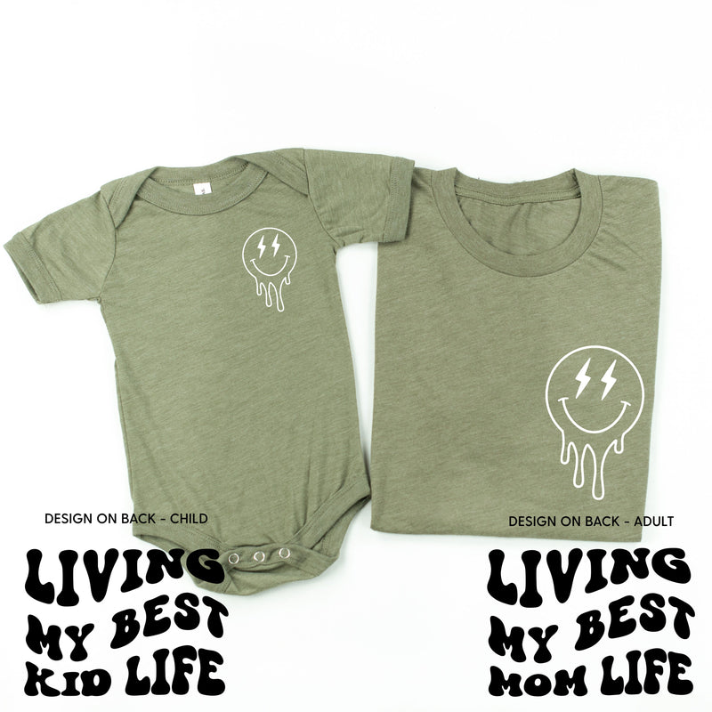 Living My Best Mom / Kid Life (w/ Melty Lightning Smileys) - Set of 2 Matching Shirts