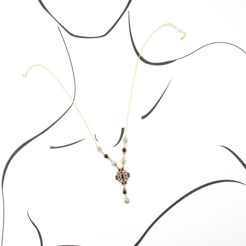 Barcelona Black Onyx and Blue Turquoise Golden Y-Necklace