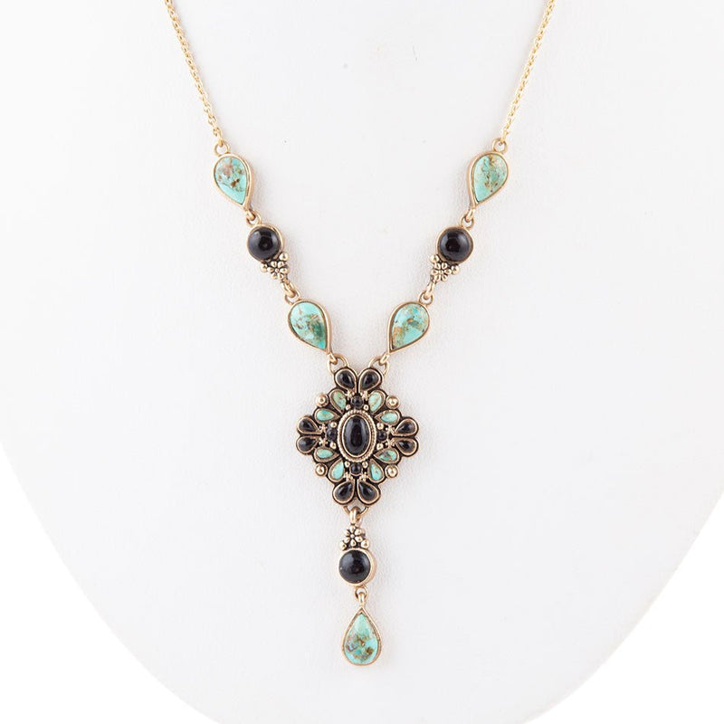 Barcelona Black Onyx and Blue Turquoise Golden Y-Necklace