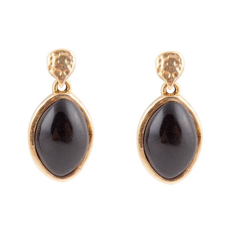 Black Onyx Hammered Post Drop Golden Earrings