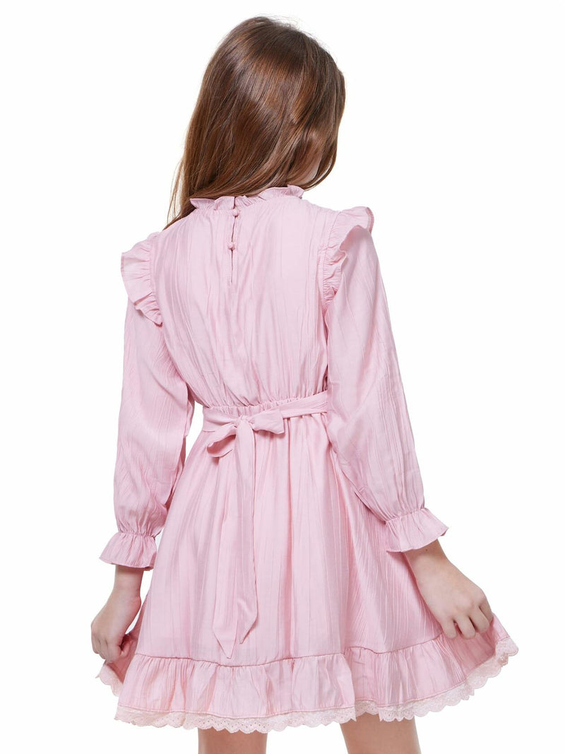 WULFUL Girls Long Sleeve Flared Belted A-line Dress Pink Size 7-8