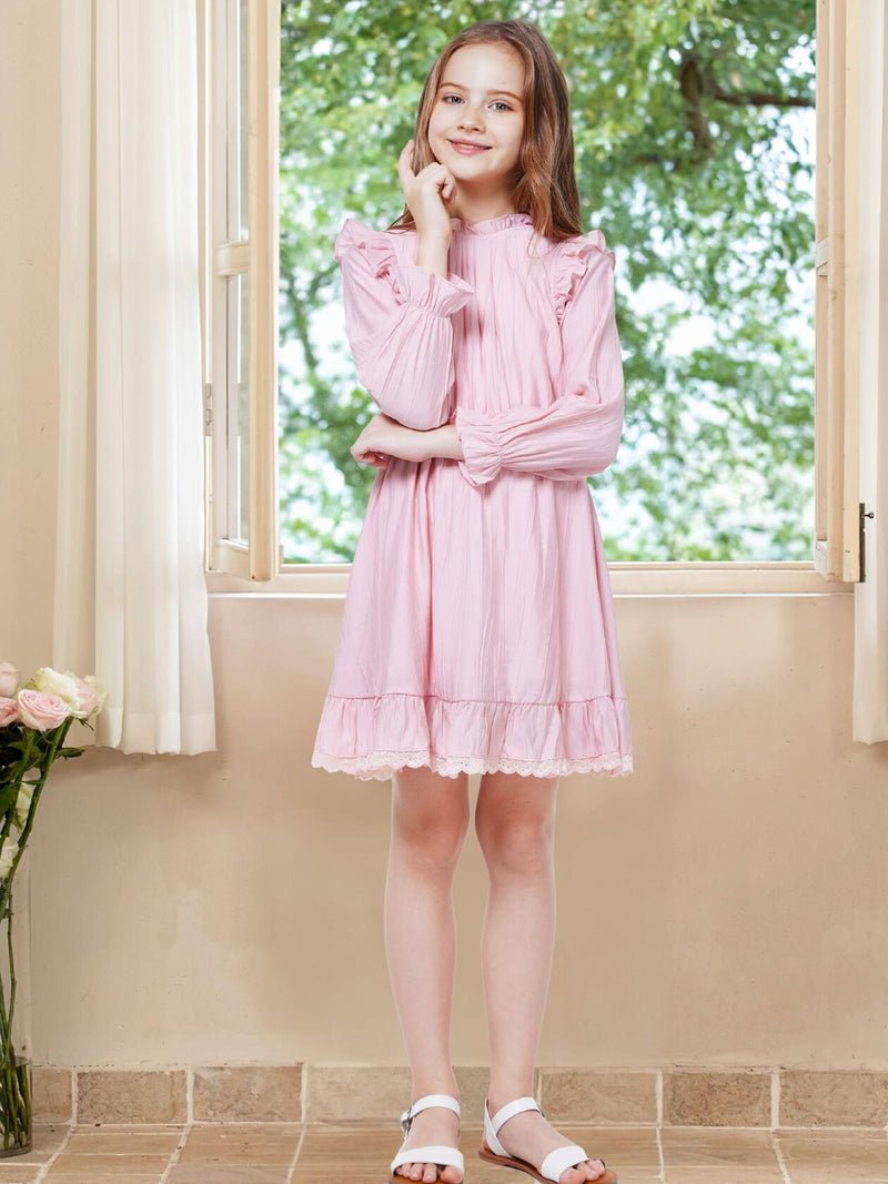 WULFUL Girls Long Sleeve Flared Belted A-line Dress Pink Size 7-8