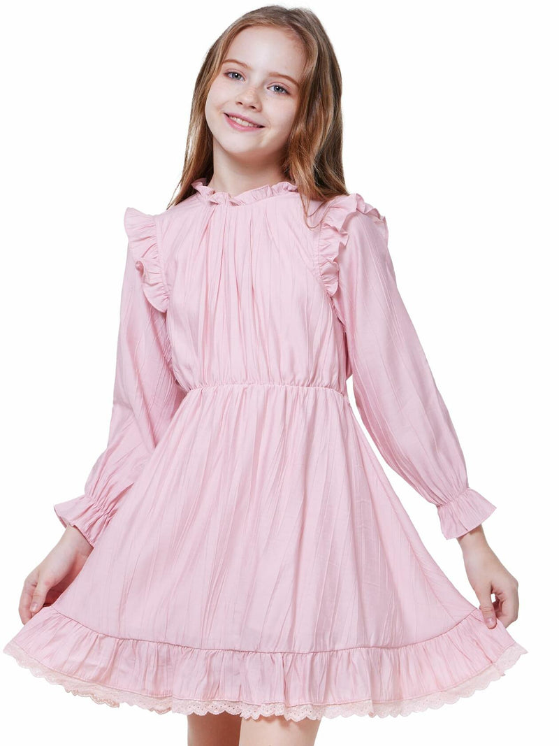 WULFUL Girls Long Sleeve Flared Belted A-line Dress Pink Size 7-8