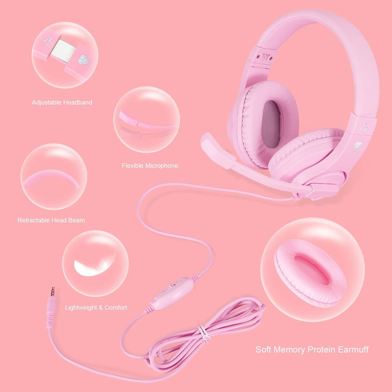 Gaming Headset Wired Mic Pink for PS5 PS4 Xbox PC Nintendo Switch