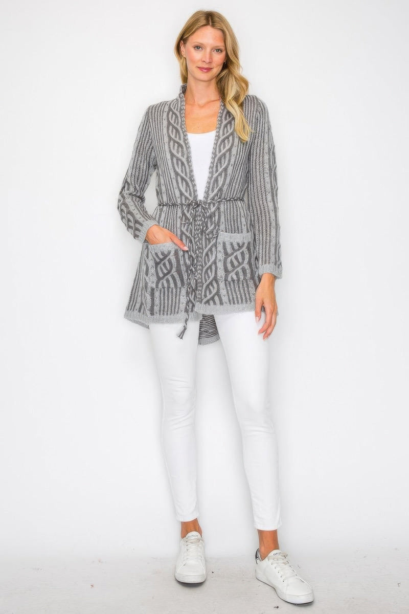 Open Wool Cardigan With Belt String & Front Pocket