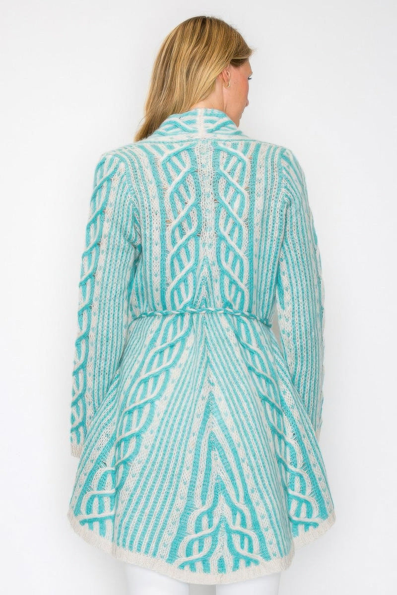 Open Wool Cardigan With Belt String & Front Pocket