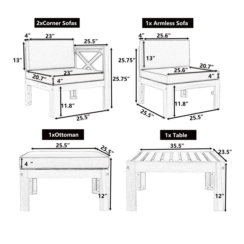 Alora 5-Piece Outdoor Patio Wood Sectional Sofa Set With Cushions (SAK31297)