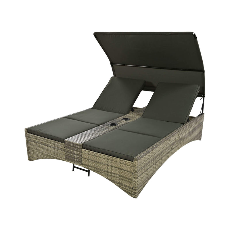 Alora Outdoor Rattan Patio Daybed With Adjustable Backrest, Canopy Roof, Storage Box And Cup Holders (SAK54220)