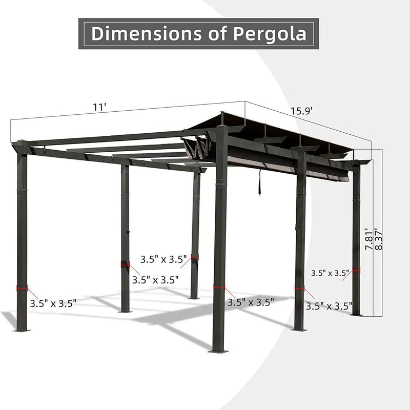 [11x16FT] Outdoor Retractable Backyard Aluminum Metal Pergola Gazebo With Roof (SAK16804)