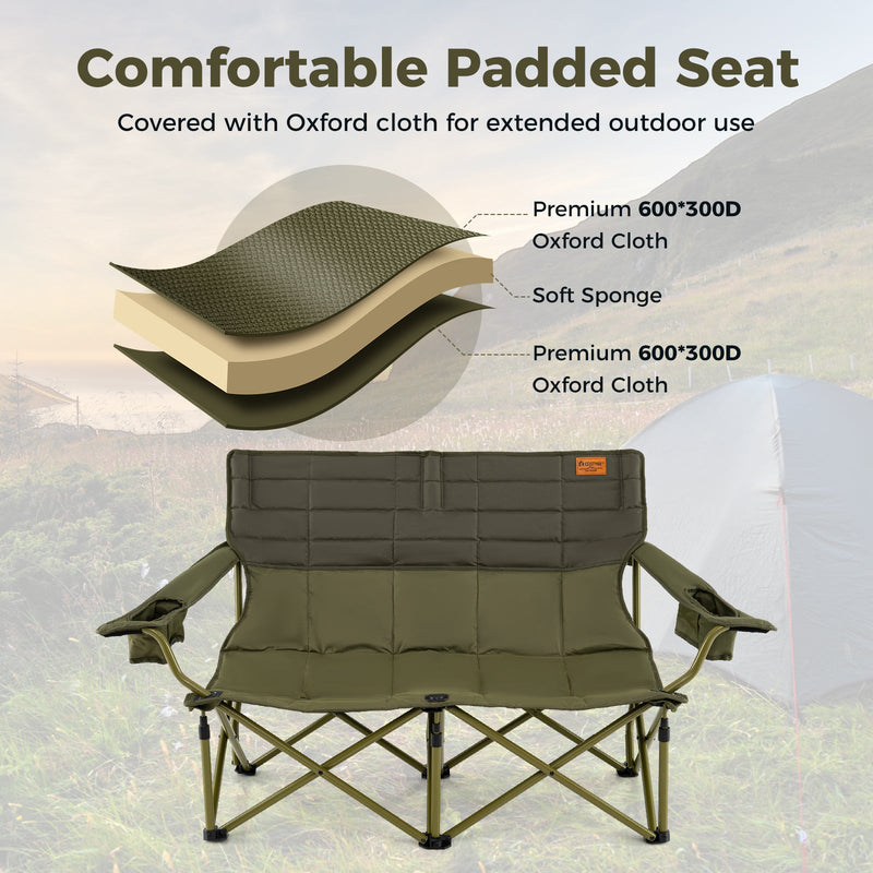 Oversized Camping Chair Folding Loveseat Camping Couch with Cup Holders & Thick Padding
