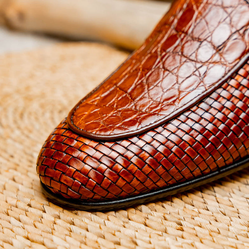 11-620-CGN PALIO Genuine Crocodile and Calfskin Basketweave Slip On, Cognac