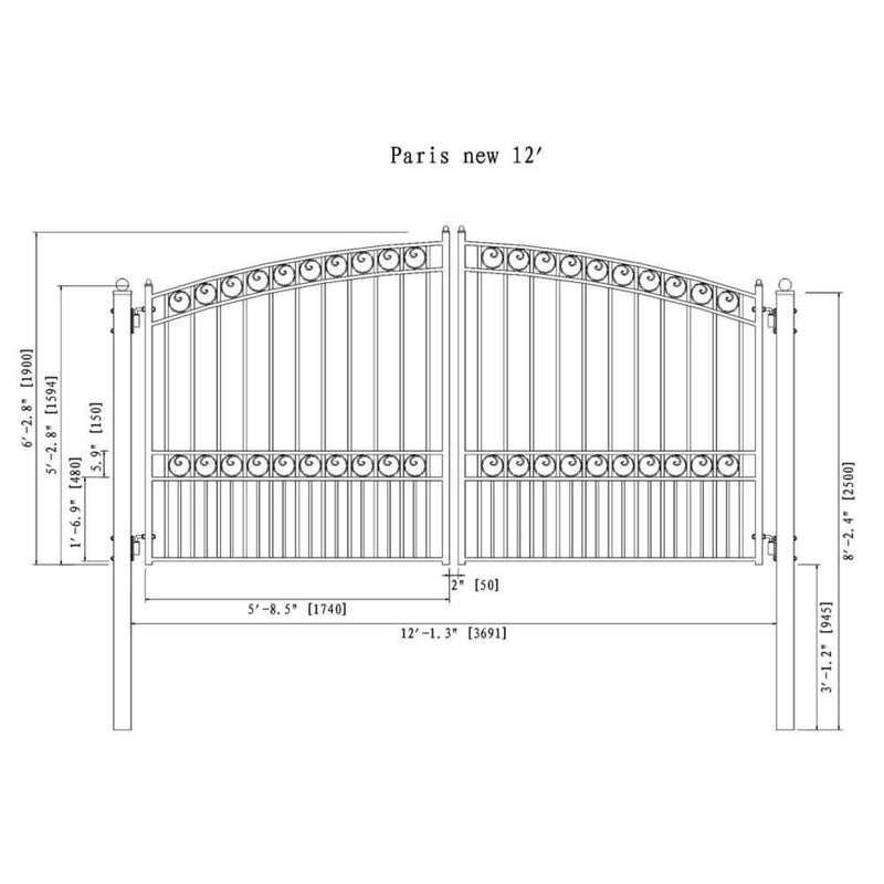 [12-18FT] Heavy-Duty Paris-Style Steel Premium Dual-Swing Driveway Gate (SAK97031)