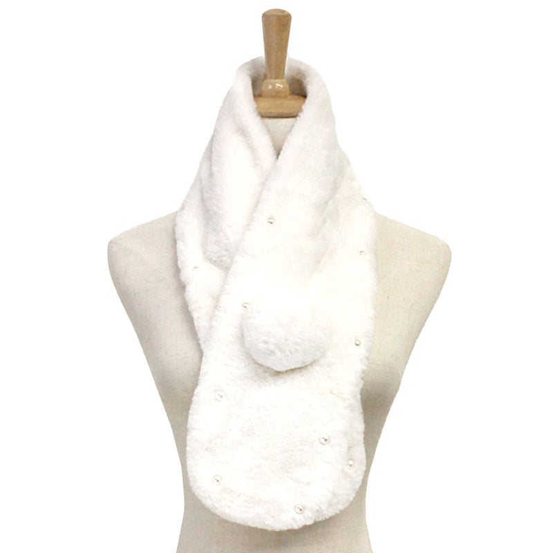Pearl Embellished Faux Fur Pom Pom Pull Through Scarf