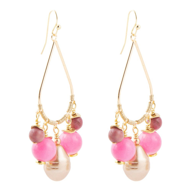 Peony Fuchsia Pink Jade Golden Drop Earrings