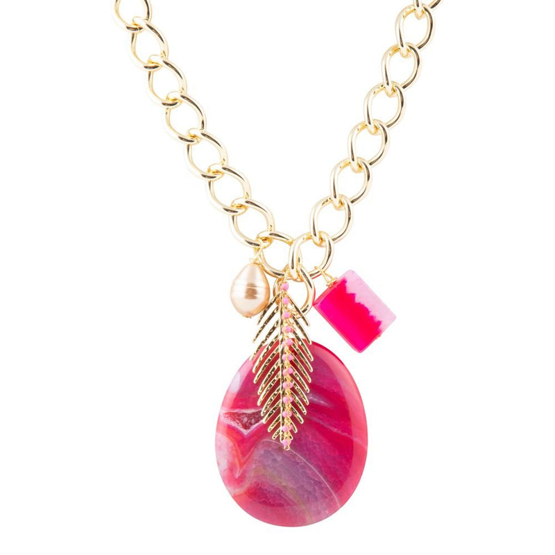 Peony Fuschsia Pink Agate Golden Charm Necklace