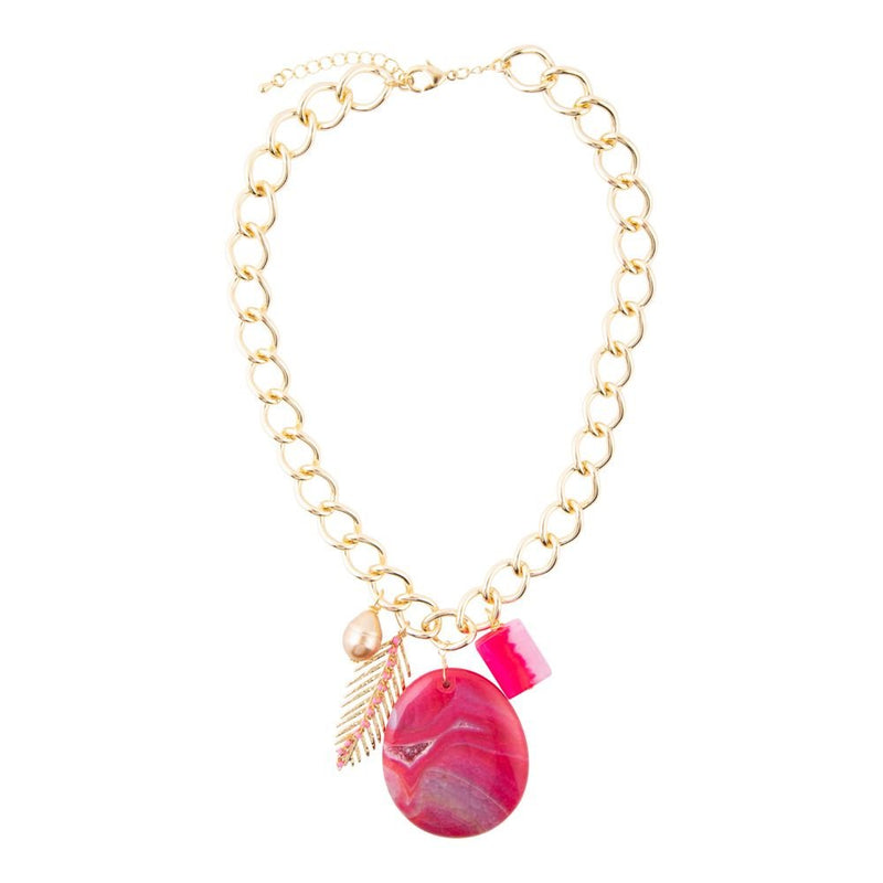 Peony Fuschsia Pink Agate Golden Charm Necklace
