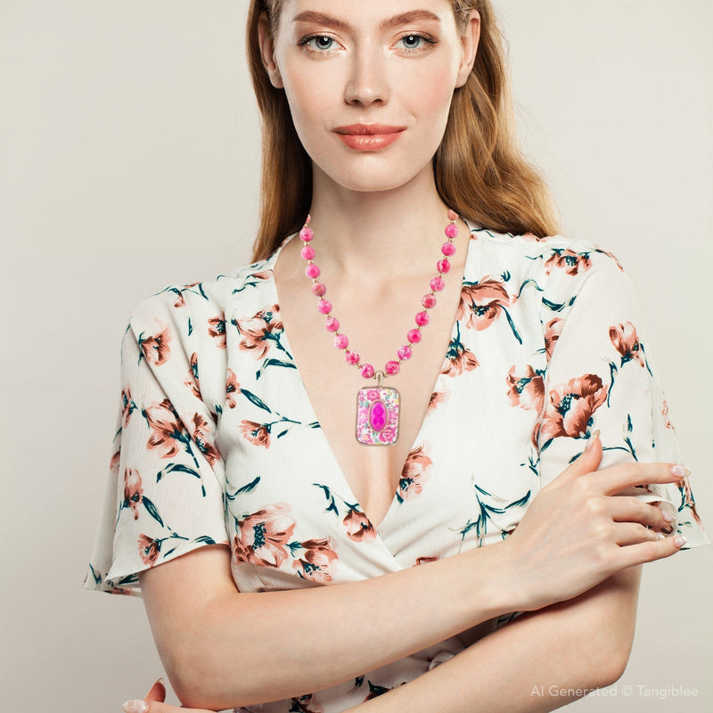 Pink Agate Stacked Stone Floral Pendant Necklace