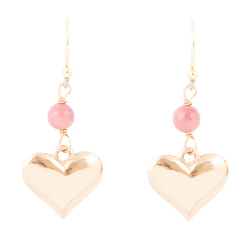 Pink Rhodonite and Golden Bronze Heart Charm Earrings