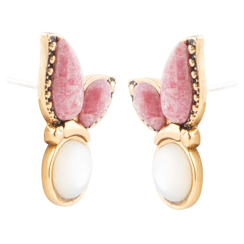 Pink Rhodonite and White Mother of Pearl Golden Butterflies Post Earrings