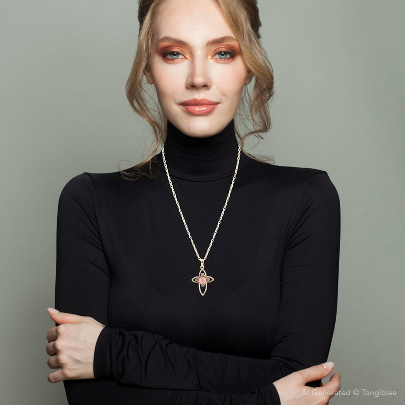 Pink Rhodonite Golden Cross Pendant Necklace