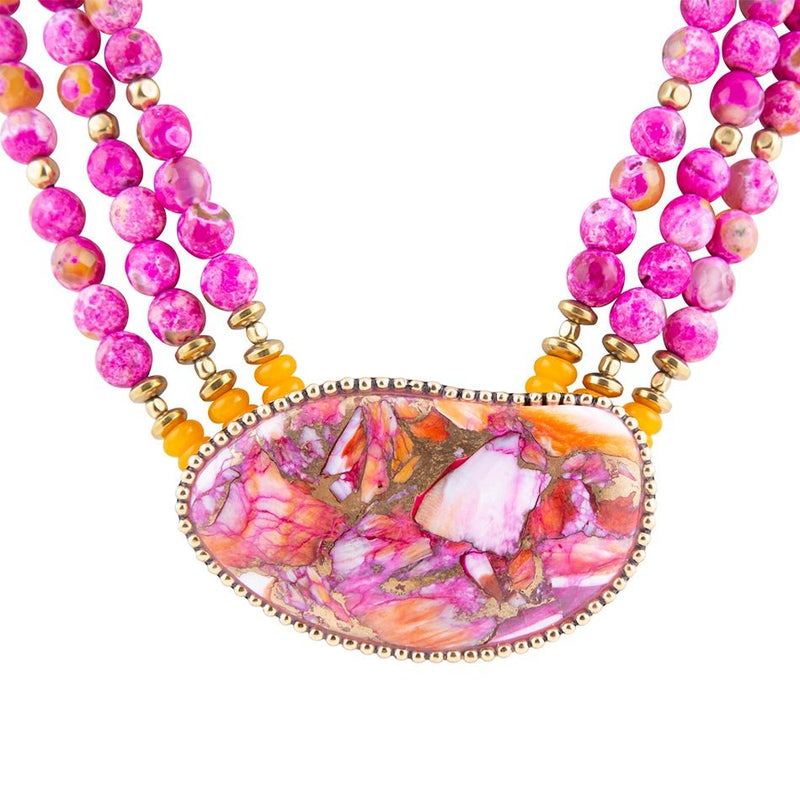 Pink Starburst Shell Statement Golden Necklace
