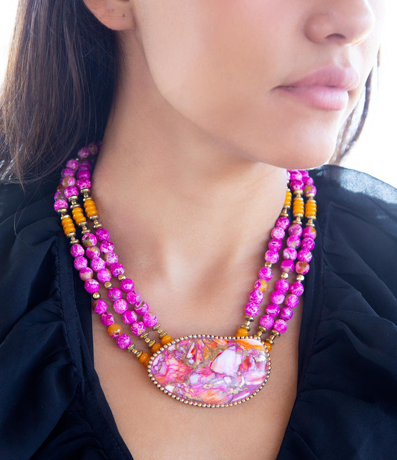 Pink Starburst Shell Statement Golden Necklace