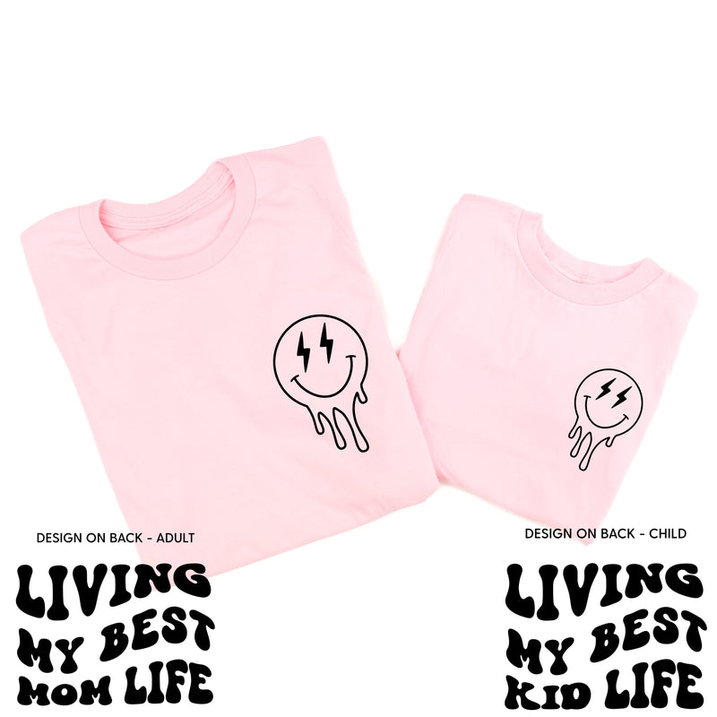 Living My Best Mom / Kid Life (w/ Melty Lightning Smileys) - Set of 2 Matching Shirts