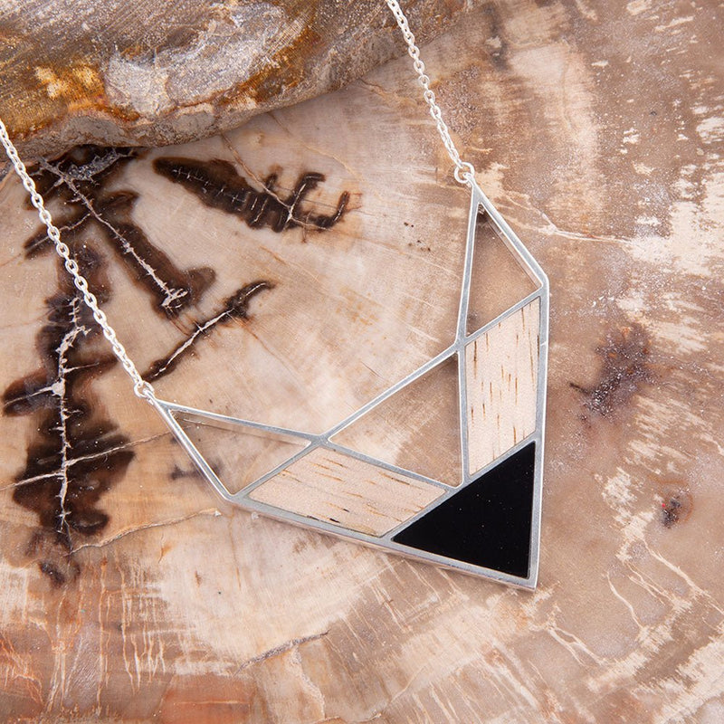 Point Made Wood and Onyx Sterling Silver Necklace