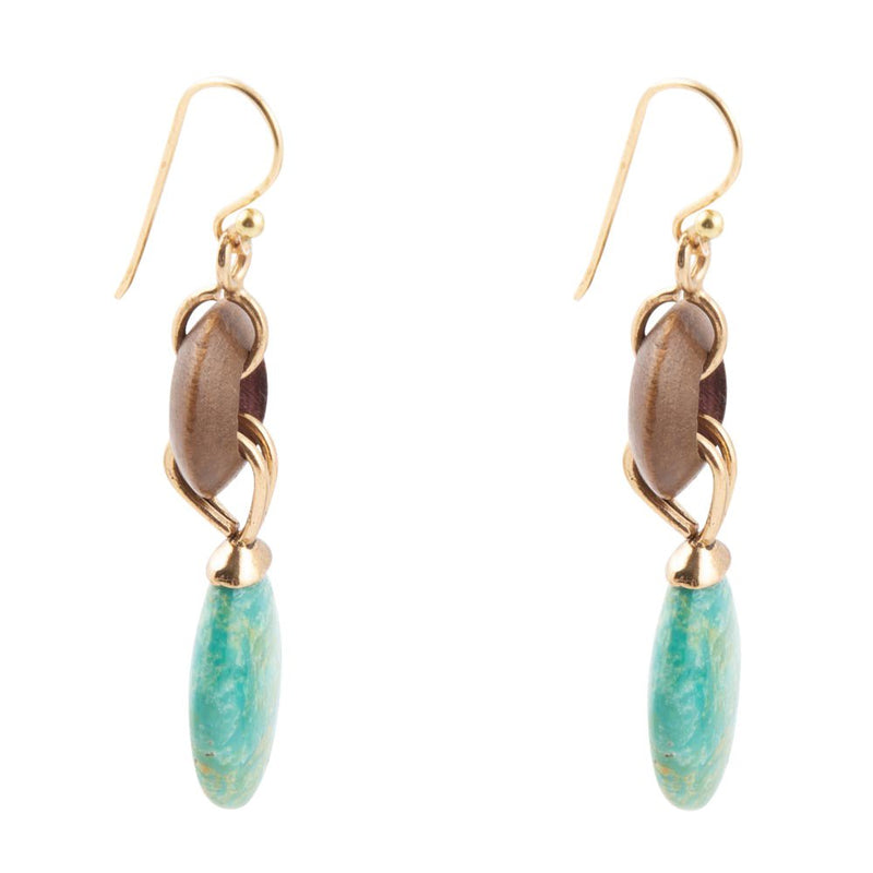 Precious Green Turquoise and Wood Golden Bronze Drop Earrings